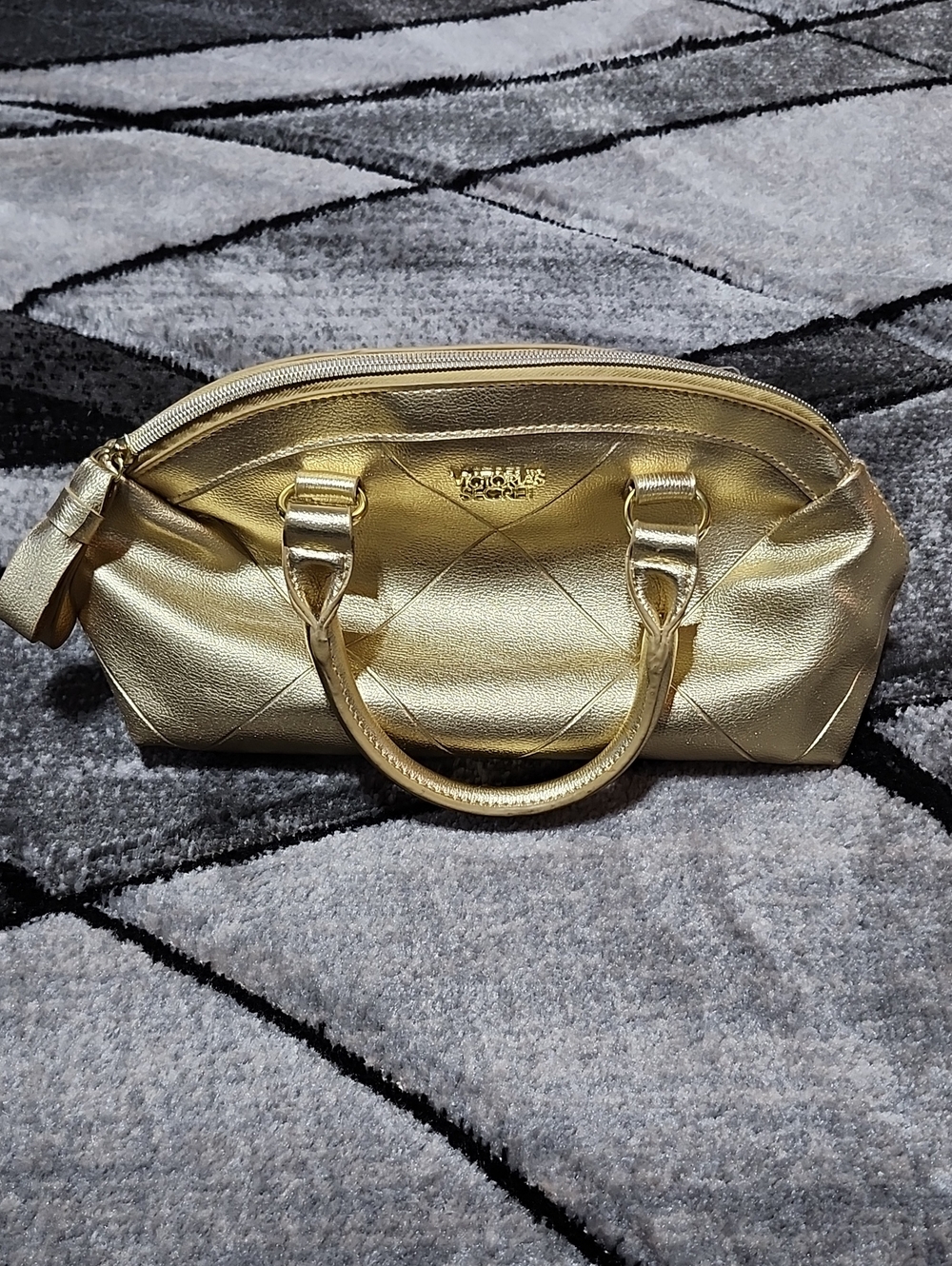 VINTAGE VICTORIA SECRET SMALL GOLD-METALLIC QUILTED FULL-ZIP TOP-HANDLE SATCHEL
